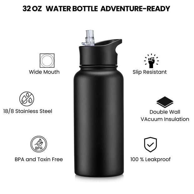 22 oz Insulated Water Bottle Stainless Steel Double Walled Vacuum Sports Water Bottle with 2 Lids (Straw and Spout Lid) for Gym Camping Hiking(White,1)