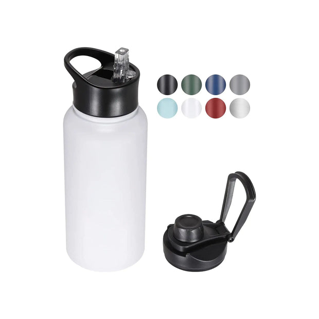 22 oz Insulated Water Bottle Stainless Steel Double Walled Vacuum Sports Water Bottle with 2 Lids (Straw and Spout Lid) for Gym Camping Hiking(White,1)