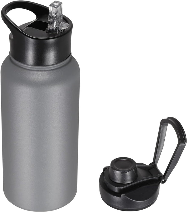 32 oz Insulated Water Bottle with Straw Lid & Wide Mouth Lids, Stainless Steel Sports Water Bottles, Double Walled Vacuum, Leak Proof, Gray