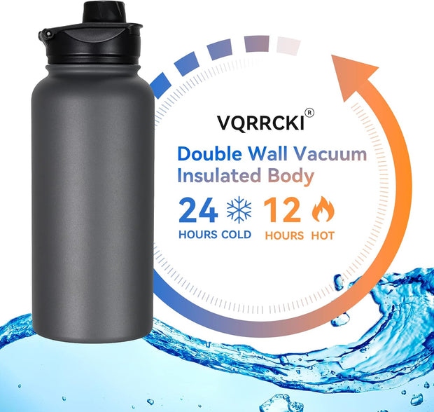 32 oz Insulated Water Bottle with Straw Lid & Wide Mouth Lids, Stainless Steel Sports Water Bottles, Double Walled Vacuum, Leak Proof, Gray