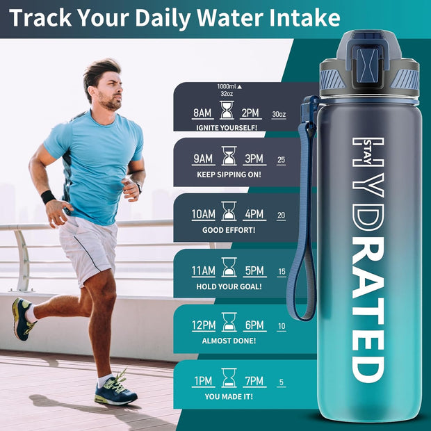 32oz Water Bottle with Straw - Motivational Water Bottles with Time Marker to Drink, Tritan BPA Free, 1L