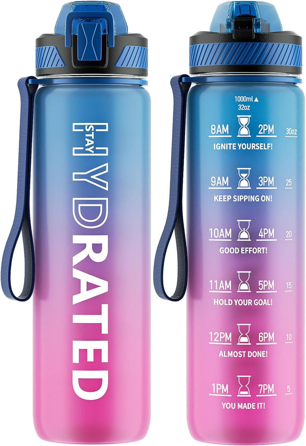 32oz Water Bottle with Straw - Motivational Water Bottles with Time Marker to Drink, Tritan BPA Free, 1L