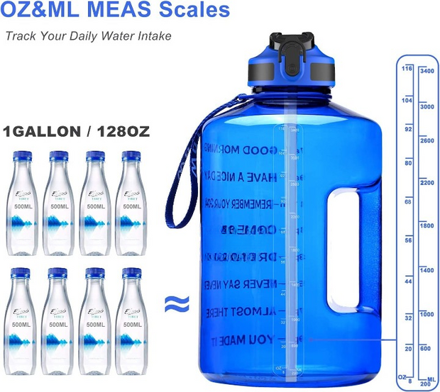 1 Gallon - Water Bottle with Straw & Time Marker, 128oz BPA Free