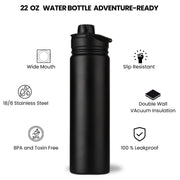 22 oz Insulated Water Bottle Stainless Steel Double Walled Vacuum Sports Water Bottle with 2 Lids (Straw and Spout Lid) for Gym Camping Hiking(White,1)