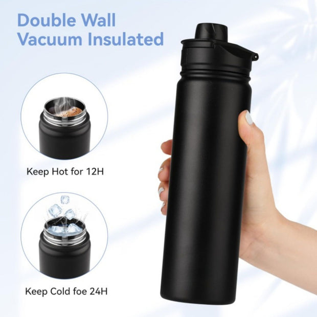 22 oz Insulated Water Bottle Stainless Steel Double Walled Vacuum Sports Water Bottle with 2 Lids (Straw and Spout Lid) for Gym Camping Hiking(White,1)