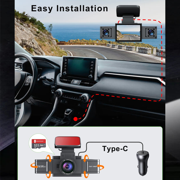 3 Channel Dash Cam Video Recorder Three Lens with Rear View