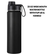 22 Oz Insulated Camping & Hiking Hydration Water Bottle, Wide Mouth, 3 Spout Lids, Stainless Steel Outdoor Water Bottle, Double Walled