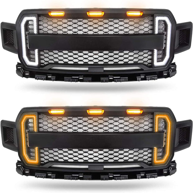 Front Grill Mesh Ford F150 2018-2020 with DRL & Turn Signal Lights and 3 Amber LED Lights