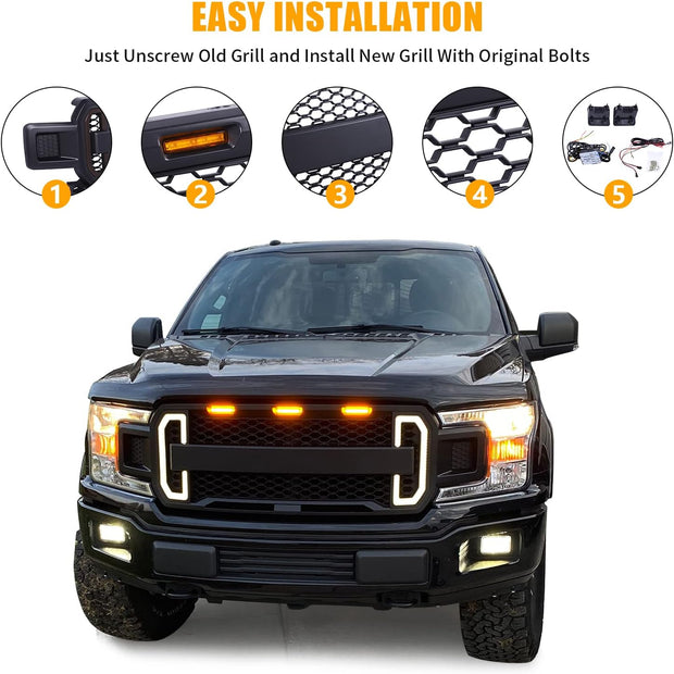 Front Grill Mesh Ford F150 2018-2020 with DRL & Turn Signal Lights and 3 Amber LED Lights