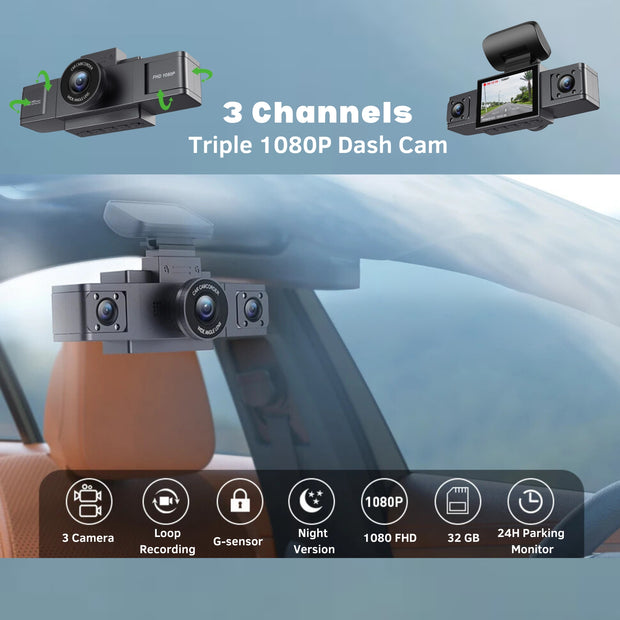 3 Channel Dash Cam Video Recorder Three Lens with Rear View