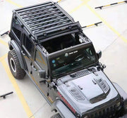 Jeep Wrangler JL 2018-2022 with a black aluminum roof rack installed.