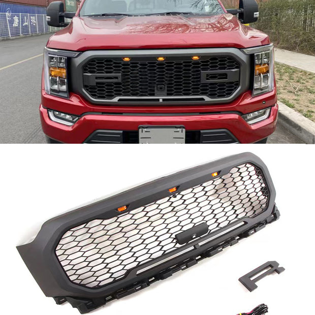 Ford F150 2021+ Black Raptor Style Front Grille Bumper Racing Grills Wiht Amber LED Light