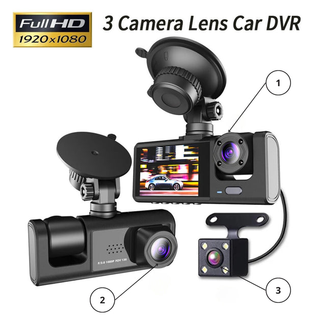 Triple-lens car dash cam with wide view
