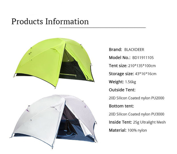 2 Person Ultralight Tent 20D Nylon Silicone Coated Fabric Waterproof Tourist Backpacking Tent