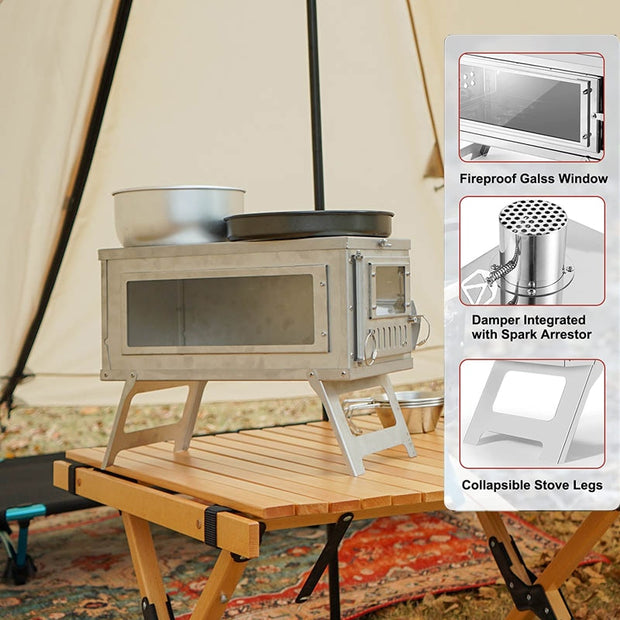 Portable Wooden Burned Quick Release Tent Stove with Glass Wall