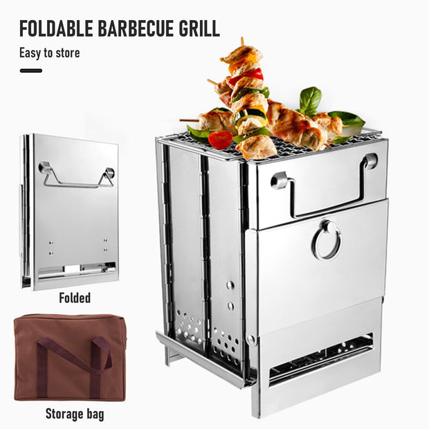 Stainless Steel Foldable Mini Camping Wood Stove Lightweight Barbecue Charcoal Grill