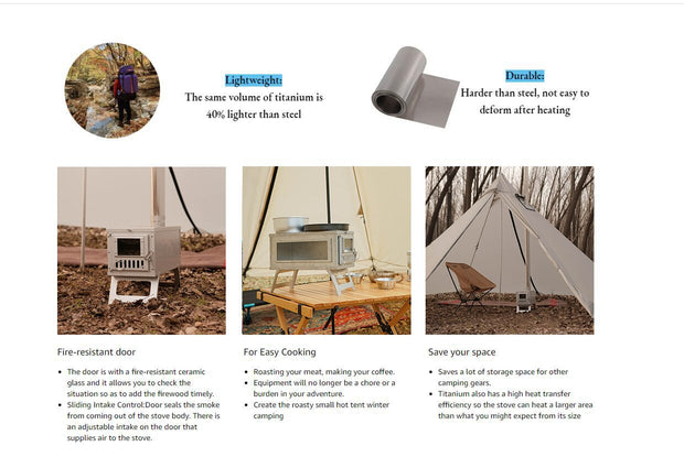 Portable Wooden Burned Quick Release Tent Stove with Glass Wall