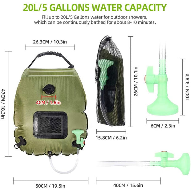 20L Outdoor Camping Hiking Solar Shower Bag  Hydration Bag Hose Switchable Shower Head