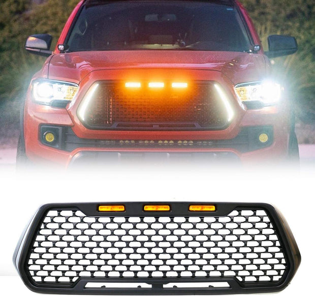 Front Grill Matte Black Compatible for Toyota Tacoma 2016-2019 with DRL & Turn Signal Lights and 3 Amber LED Lights